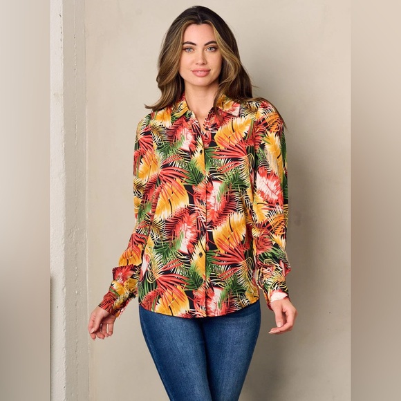 Ovi Tops - 045 Ovi Women’s Long Sleeve Button Up Leaf Print Blouse